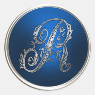 Sticker Rond Sceau d'enveloppe R monogramme en argent et bleu