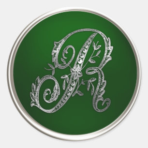 Sticker Rond Sceau d'enveloppe R monogramme en argent et émerau