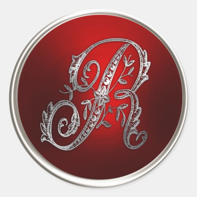 Sticker Rond Sceau d'enveloppe R monogramme rouge et argent (Devant)