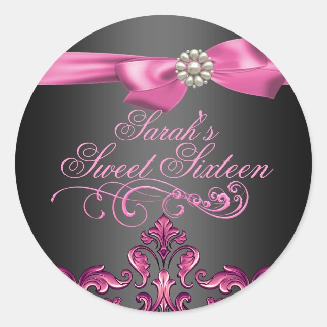 Sticker Rond Sceau d'enveloppe rose/noir Damas & Bow Sweet 16 (Devant)
