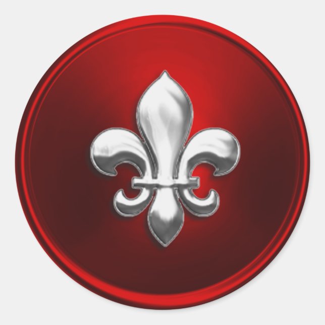 Sticker Rond Sceau d'enveloppe rouge et argent Fleur de Lis (Devant)