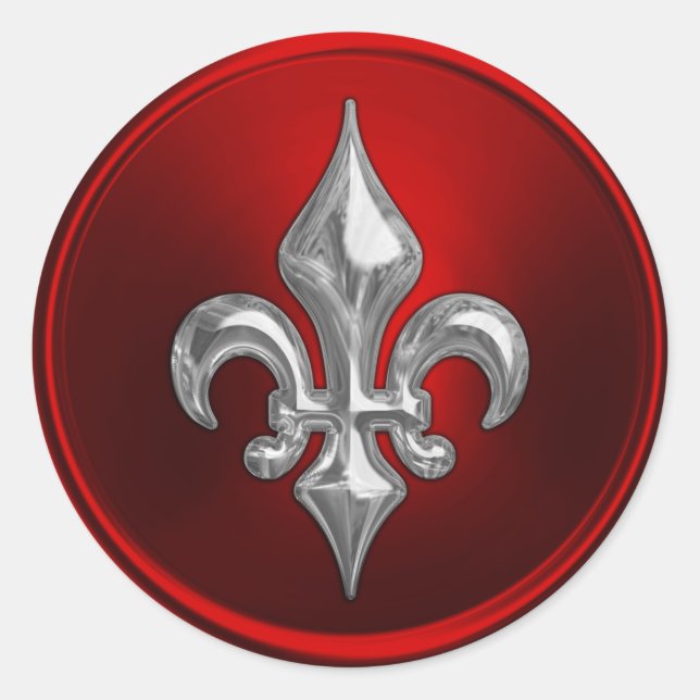 Sticker Rond Sceau d'enveloppe rouge et argent Fleur de Lis (Devant)