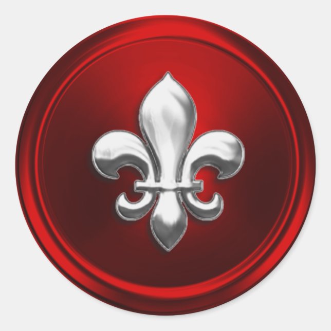 Sticker Rond Sceau d'enveloppe rouge et argent Fleur de Lis (Devant)