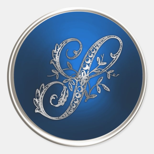 Sticker Rond Sceau d'enveloppe S Monogramme Argent et Bleu (Devant)