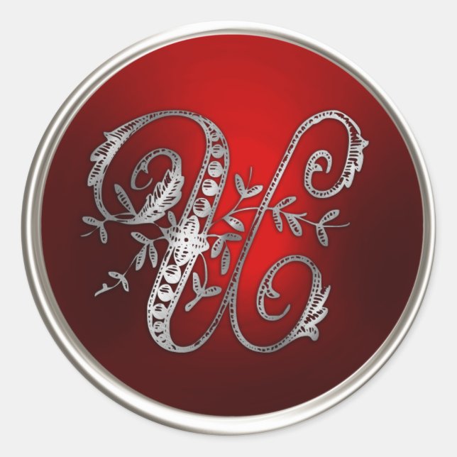 Sticker Rond Sceau d'enveloppe U en monogramme argent et rouge (Devant)