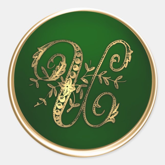 Sticker Rond Sceau d'enveloppe U Monogram or et Emerald (Devant)