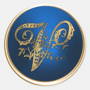 Sticker Rond Sceau d'enveloppe V monogramme or et bleu