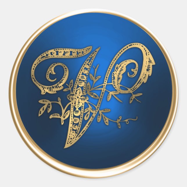 Sticker Rond Sceau d'enveloppe V monogramme or et bleu (Devant)