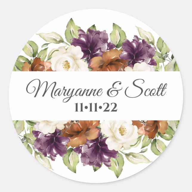 Sticker Rond Sceau d'invitation Mariage de automne floral chic (Devant)