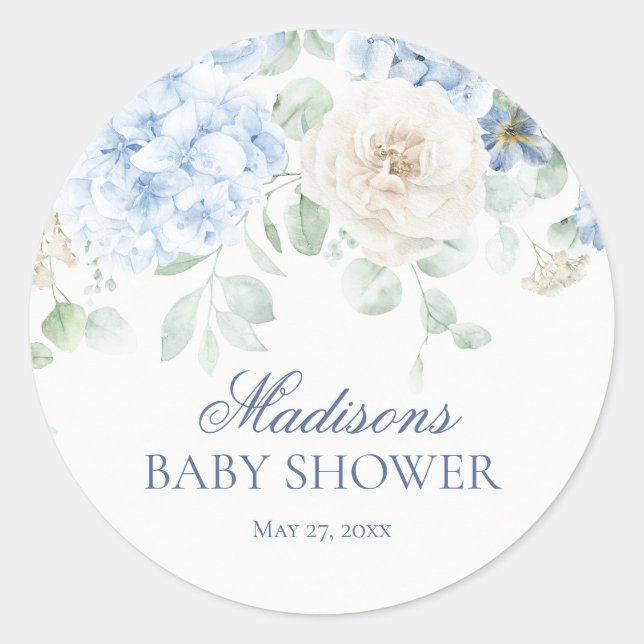 Sticker Rond Sceau d'invitation pour Baby Shower Fleur bleue bé (Devant)