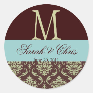 Sticker Rond Sceau Mariage bleu Brown Monogramme Damask