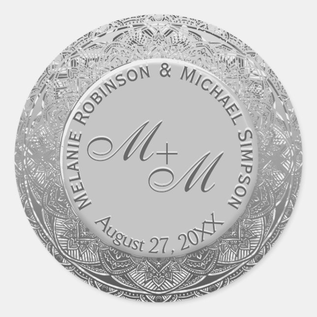 Sticker Rond Sceau Mariage d'argent Monogram personnalisable (Devant)