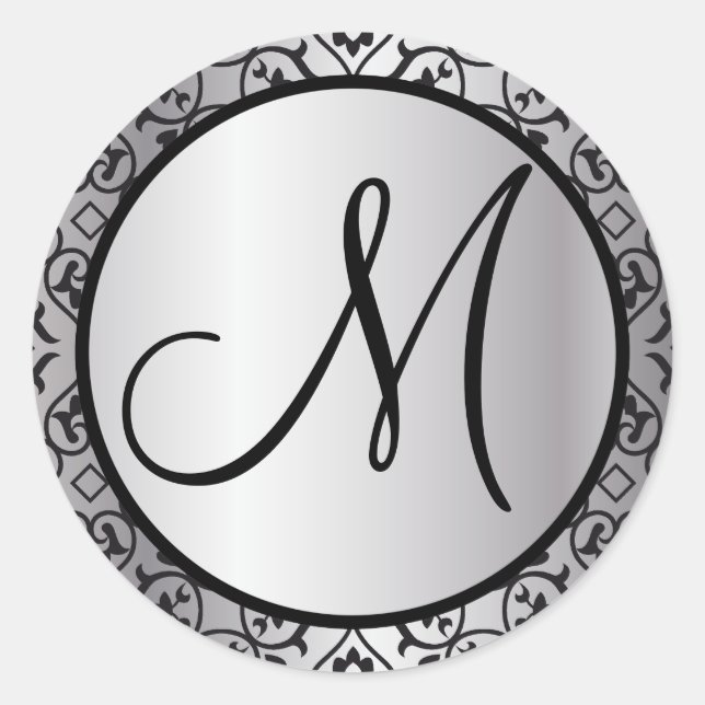 Sticker Rond Sceau Mariage de découpe Damask noir et argent (Devant)