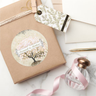 Sticker Rond Sceau Mariage de feuille de coeur rose