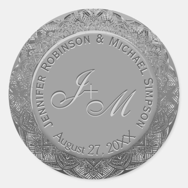 Sticker Rond Sceau Mariage de monogramme en argent personnalisa (Devant)