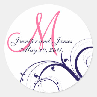 Sticker Rond Sceau Mariage de monogramme rose élégant de la mar