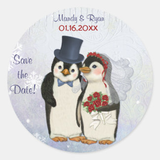 Sticker Rond Sceau Mariage de pingouin - Enregistrer la date