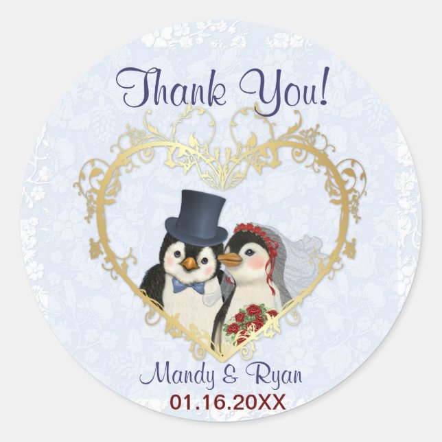 Sticker Rond Sceau Mariage de pingouin - Merci (Devant)