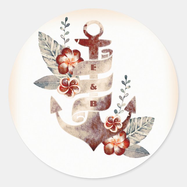 Sticker Rond Sceau Mariage de plage florale de Nautical (Devant)