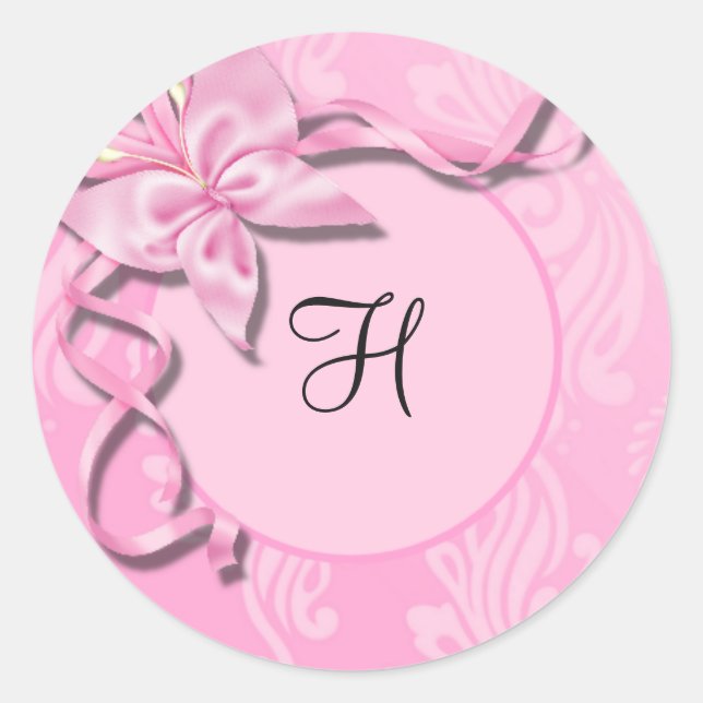 Sticker Rond Sceau Mariage de ruban à ruban Damas rose (Devant)