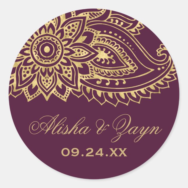Sticker Rond Sceau Mariage d'enveloppe Gold Indian Paisley (Devant)