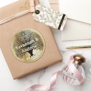 Sticker Rond Sceau Mariage d'or Elegant Swirl Black Tree