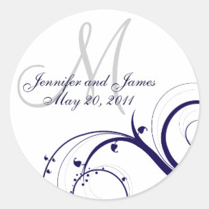 Sticker Rond Sceau Mariage Elegant Marine White Swirl Monogram