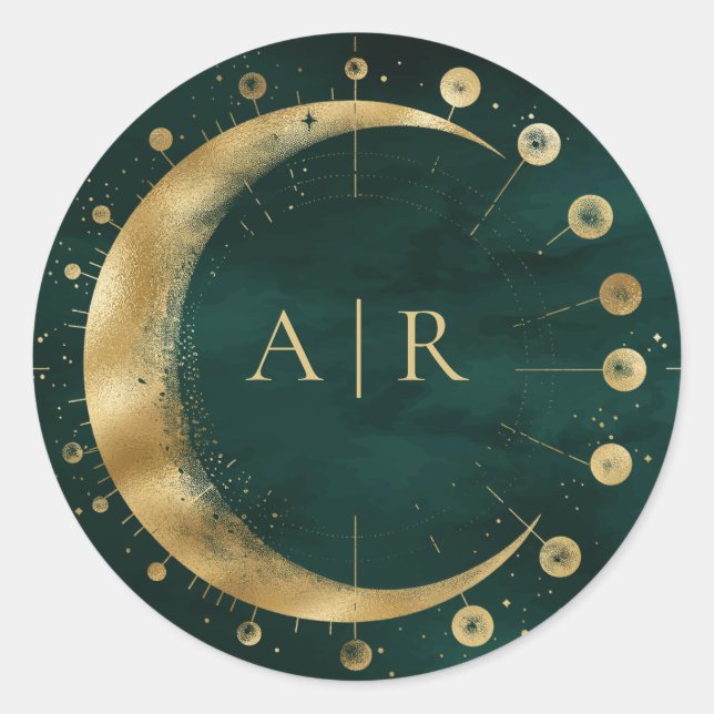 Sticker Rond Sceau Mariage Emerald Gold Crescent Moon (Devant)