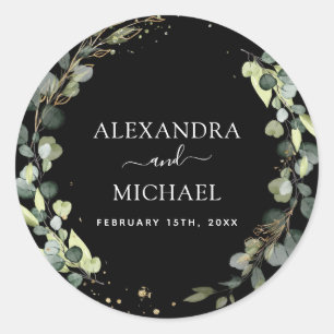 Sticker Rond Sceau mariage Eucalyptus Vert noir Succulent
