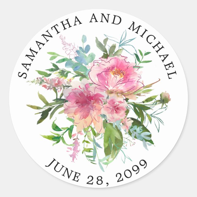 Sticker Rond Sceau Mariage floral à pivoine rose personnalisée (Devant)