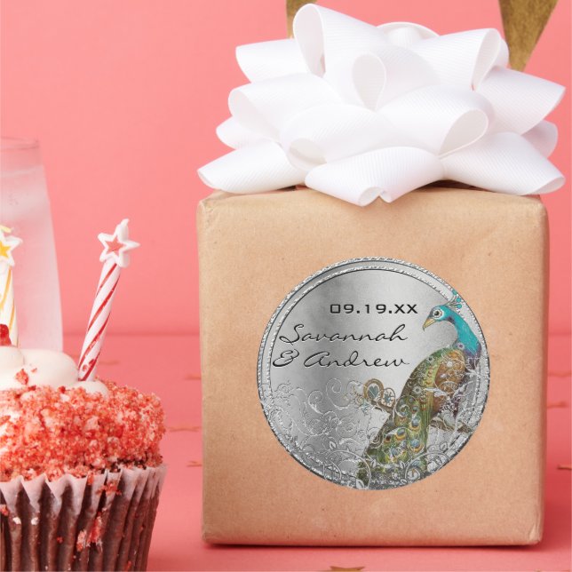 Sticker Rond Sceau Mariage gris argenté Peacock Lovebird (Fête)