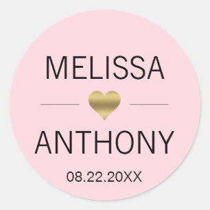 Sticker Rond Sceau Mariage Monogramme rose de coeur doré modern