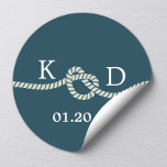 Sticker Rond Sceau Mariage nautique bleu marine<br><div class="desc">Stickers Mariage bleu noeud de corde nautique.</div>