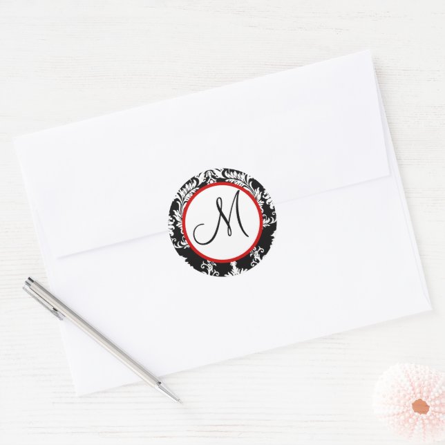 Sticker Rond Sceau Mariage noir Damask Monogram (Enveloppe)
