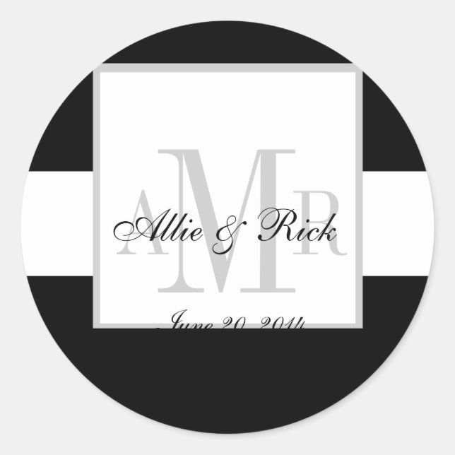 Sticker Rond Sceau Mariage noir et blanc de trois monogrammes (Devant)
