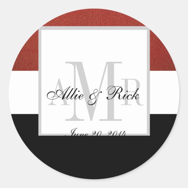 Sticker Rond Sceau Mariage rouge Noir Trois Monogrammes (Devant)