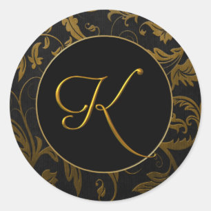 Sticker Rond Sceau Monogram K Gold et Black Mariage damassé