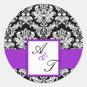 Sticker Rond Sceau pourpre Mariage monogramme Damas
