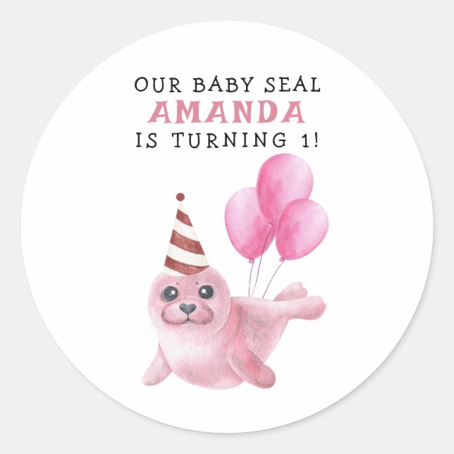 Sticker Rond Sceau rose 1er anniversaire sous la mer (Devant)