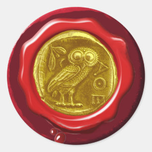 STICKER ROND SCEAU ROUGE ANTIQUE OWL OR JAUNE EN CIRE ROUGE