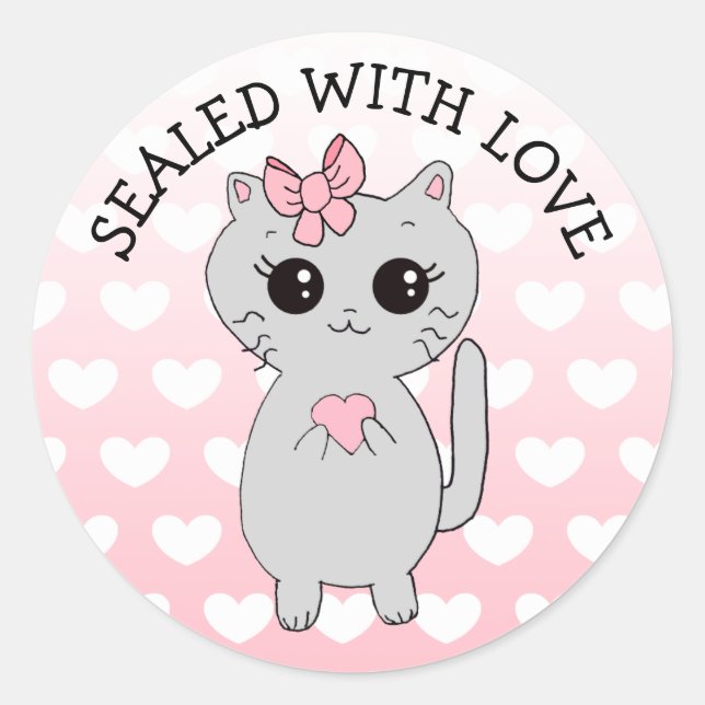 Sticker Rond Scellé avec Love Cartoon Chat avec Coeur Bow (Devant)