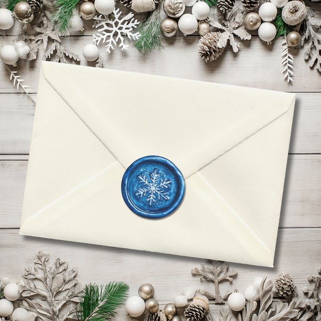 Sticker Rond Scellé de cire faux flocon de neige bleu de Noël (Blue Snowflake Christmas Faux Wax Classic Round Sticker)