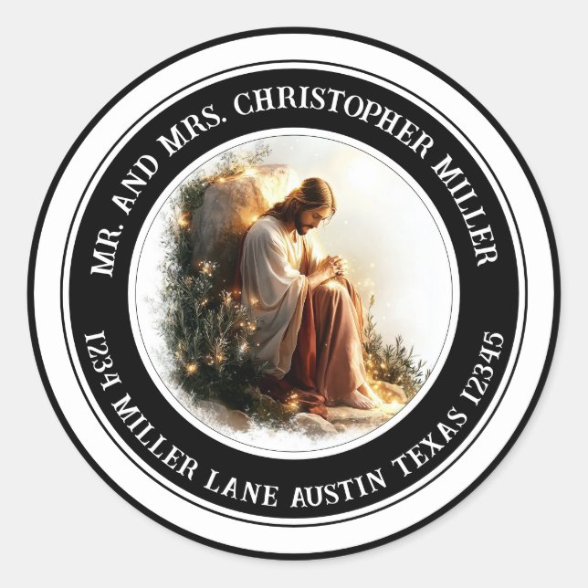 Sticker Rond Scellé d'enveloppe Jésus priant Adresse de Retour (Devant)