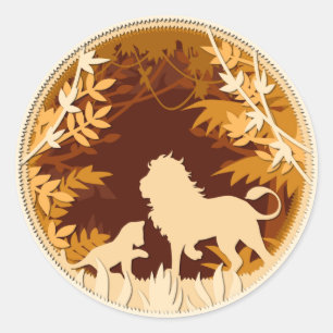 Sticker Rond Scène Animale Silhouette Lion Et Cub