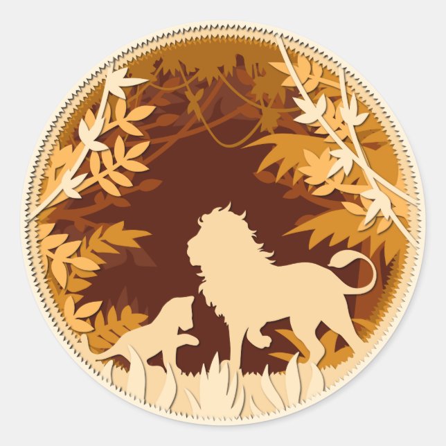 Sticker Rond Scène Animale Silhouette Lion Et Cub (Devant)