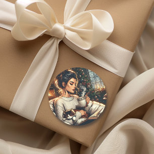Sticker Rond Scène cosy Femme qui boit du cacao avec chat