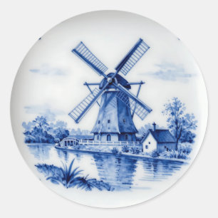 Sticker Rond Scène de canal classique avec moulin à vent de Del