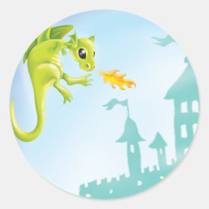Sticker Rond scène de dragon et de château mignon et enflammé