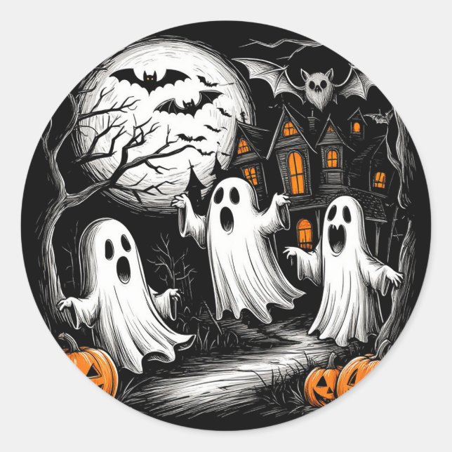 Sticker Rond Scène de fantôme effrayante d'Halloween (Devant)