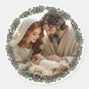 Sticker Rond Scène de la Nativité Bébé Jésus dans la Crèche Vot